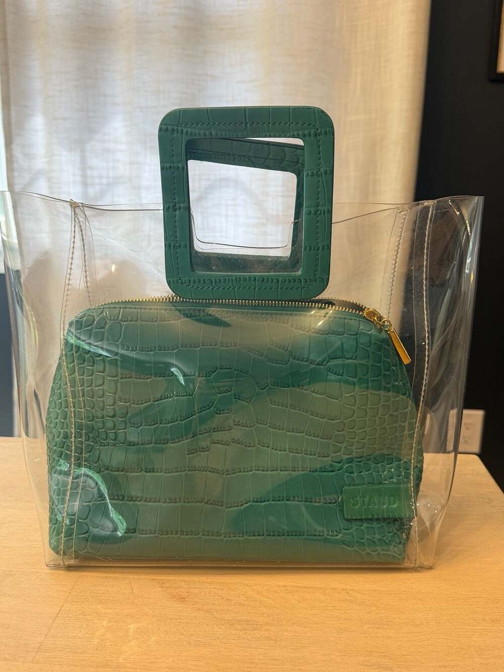 STAUD Shirley Bag in Clear PVC and Jade Faux Croc Leather